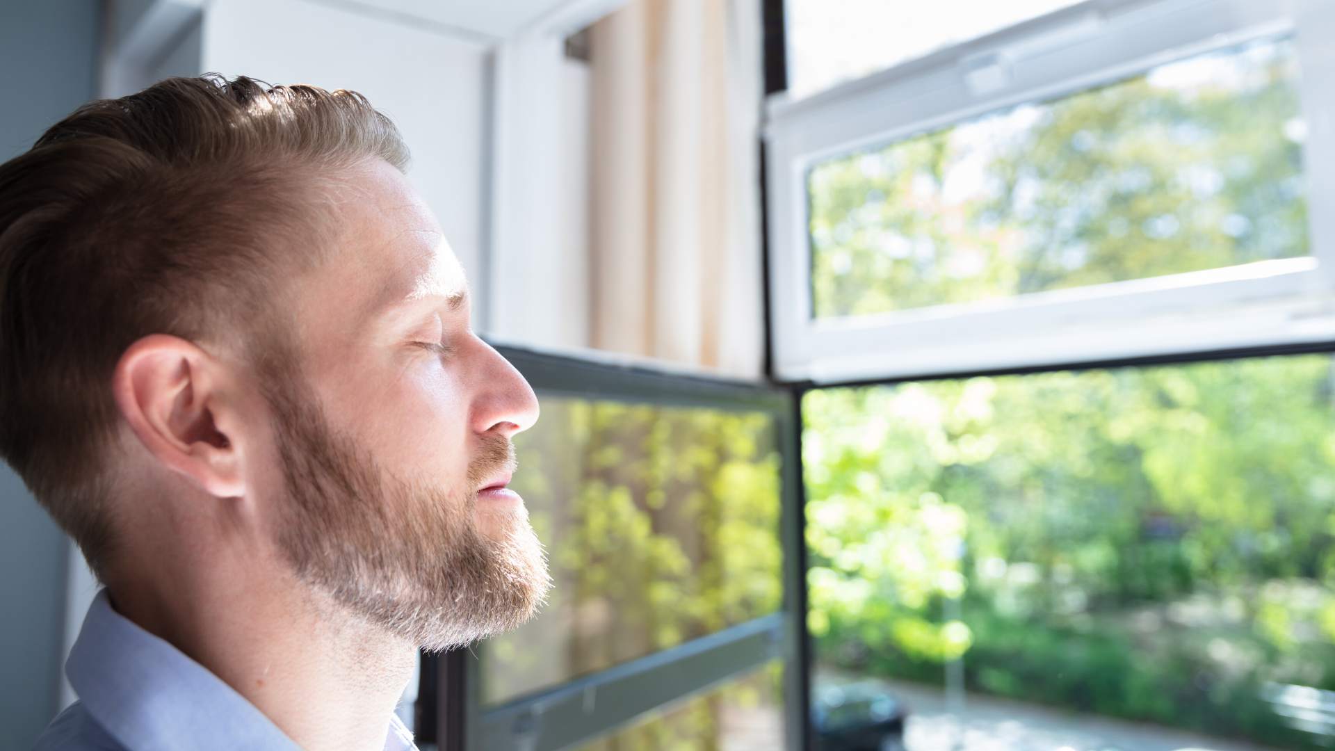 Man breathing fresh air in.