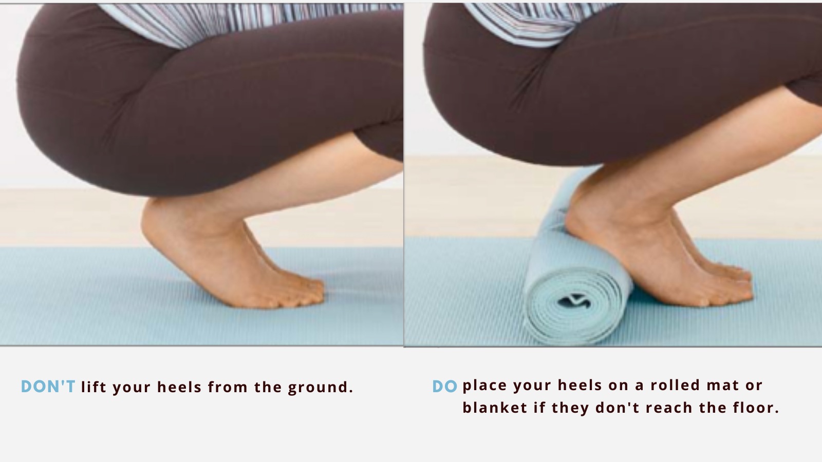 How to practice Yogic Squatting Pose (Sanskrit name: Malasana) modification with rolled mat under heels