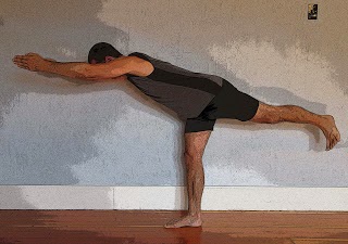 Dr. Baxter Bell practicing  Warrior II (Virabhadrasana III) yoga pose