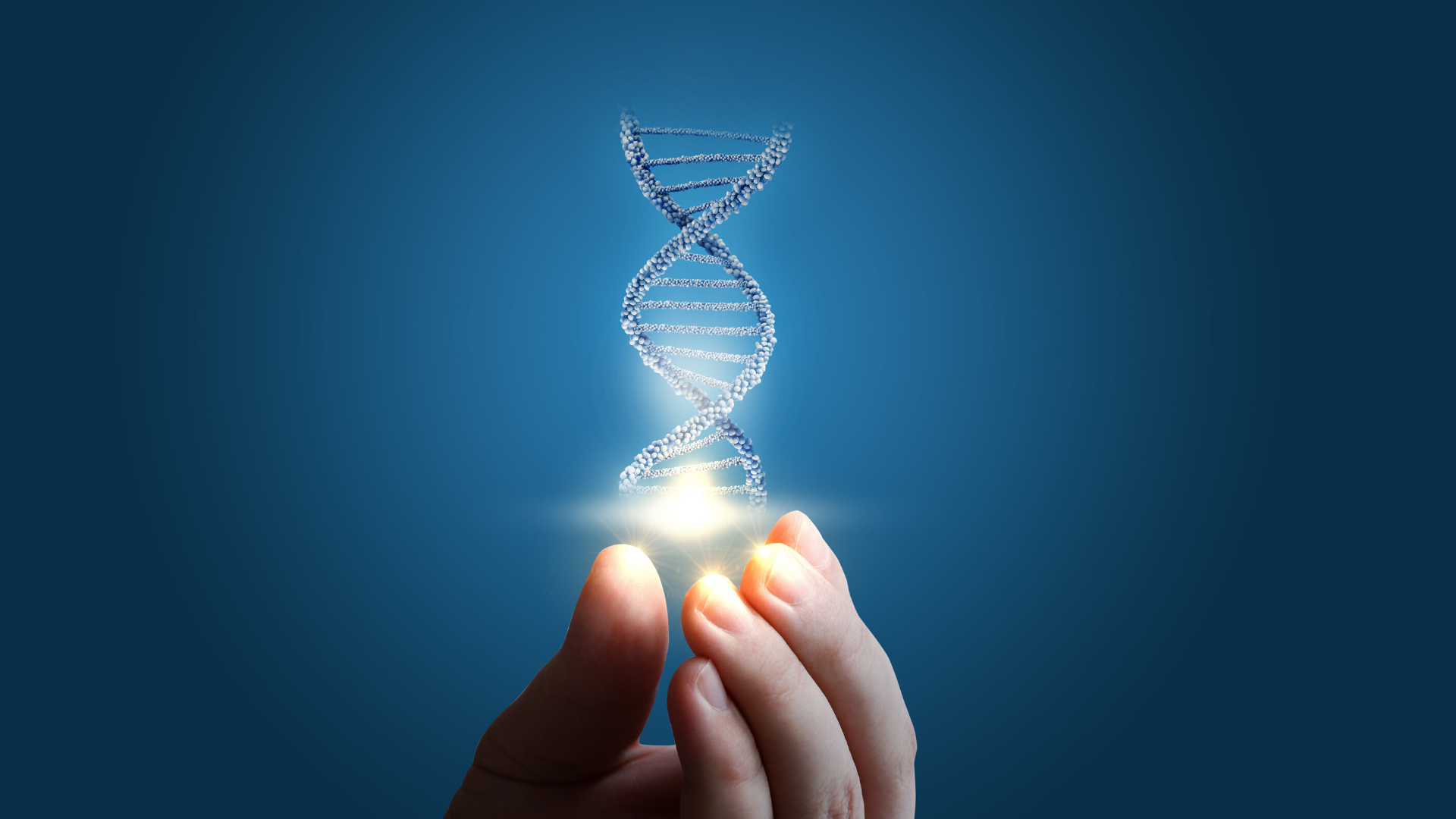 Illustration of hand holding double helix of DNA.