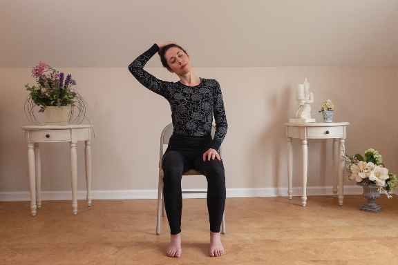 Neck Stretch, Chair Yoga, Gentle stretching, pain relief, greater rom
