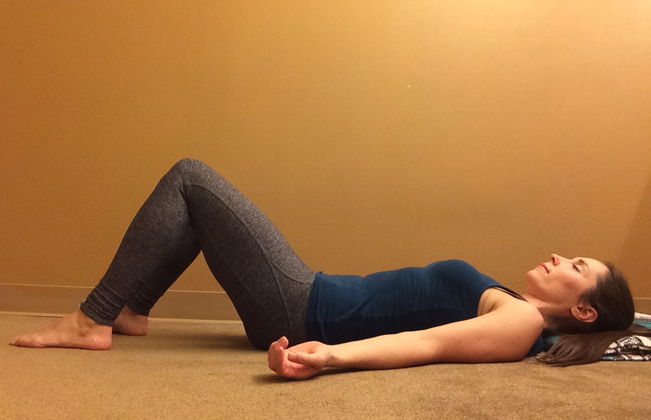 Constructive Rest Pose A woman in Constructive Rest Pose, a yoga pose to stretch the psoas muscle