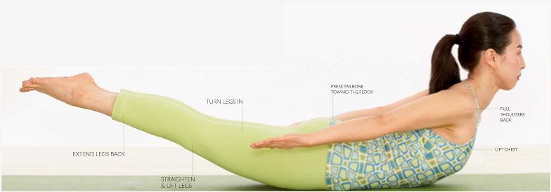 Woman practicing yoga salabhasana locust pose.