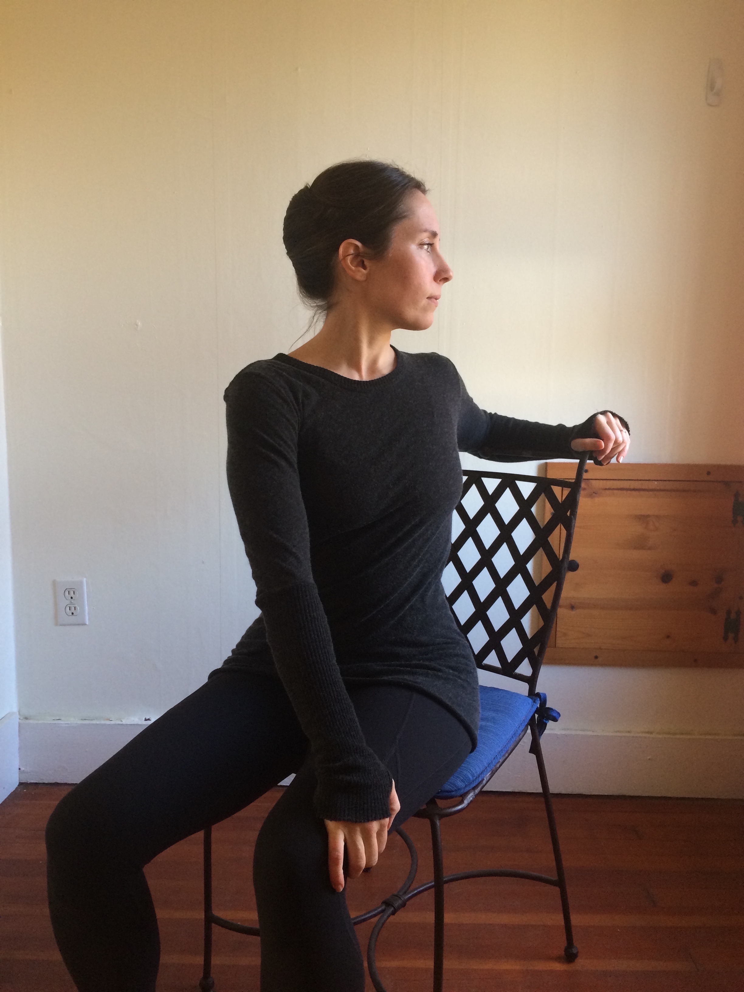 Seated Twist, twist with chair, gentle twist, yoga at your office desk