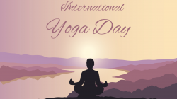 Yoga Day background. Woman on a hill in Lotus pose outside at sunset