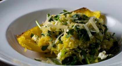 A healthy, satisfying recipe for spaghetti squash with spinach and feta cheese