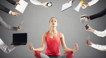 Woman tries to keep calm with yoga position due to stress and overwork at work