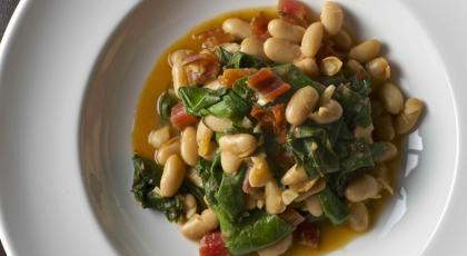 Healthy winter recipe for hearty chard and white bean ragout