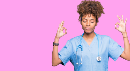 Young African American doctor woman relaxing and smiling with eyes closed doing meditation and mudra