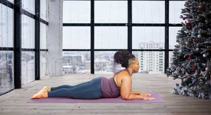 How to optimize your holidays with self care and simple yoga practice in Sphinx Pose