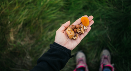 Woman's hand holding nuts and dried fruits.