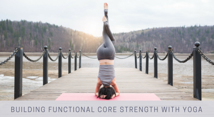 yoga woman in a variation of Supported Headstand pose (Sirsasana)