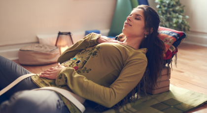 restorative yoga, modified reclined bound angle pose, Supta Baddha Konasana to relax