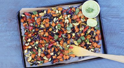 fiesta pan dinner of fresh vegetables with avocado sauce