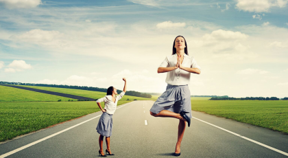 yoga woman practicing tree pose in high heels