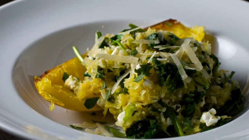 How to make comfort food recipe for spaghetti squash with spinach and feta cheese A healthy, satisfying recipe for spaghetti squash with spinach and feta cheese