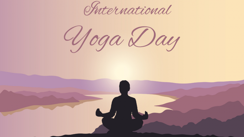 International Yoga Day Celebration with scenic mountains and river Yoga Day background. Woman on a hill in Lotus pose outside at sunset