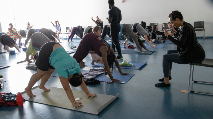Teaching mixed level yoga class, pose variations, yoga props, accessible yoga, yoga for everybody