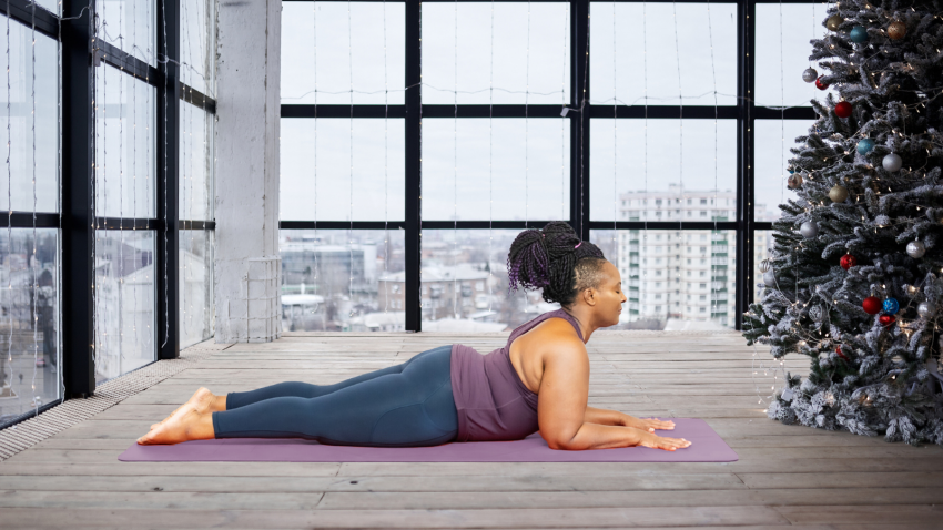 How to optimize your holidays with self care and simple yoga practice in Sphinx Pose