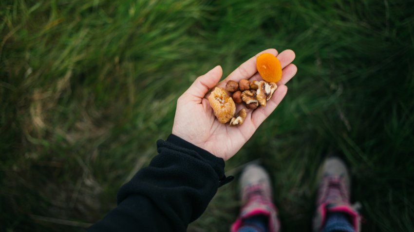 Woman's hand holding nuts and dried fruits.