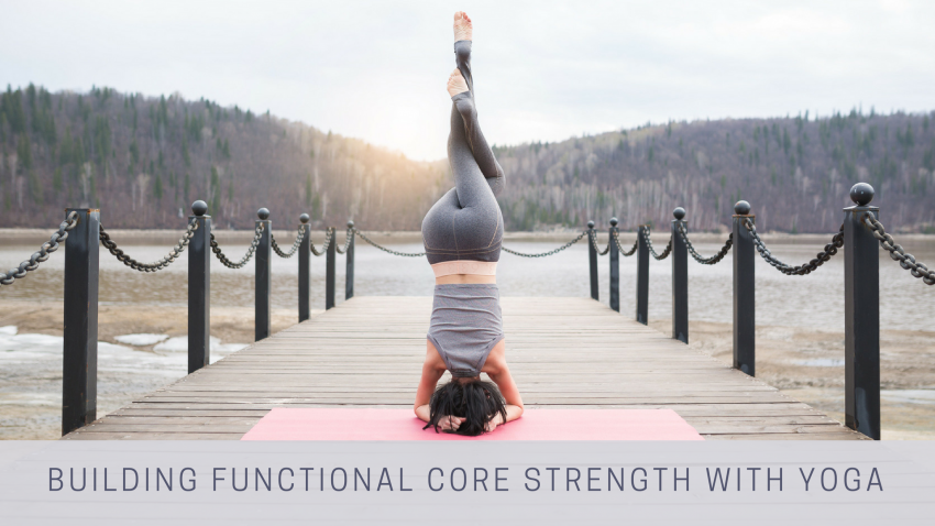 A woman in a variation of Supported Headstand pose (Sirsasana), practicing yoga to build core strength yoga woman in a variation of Supported Headstand pose (Sirsasana)