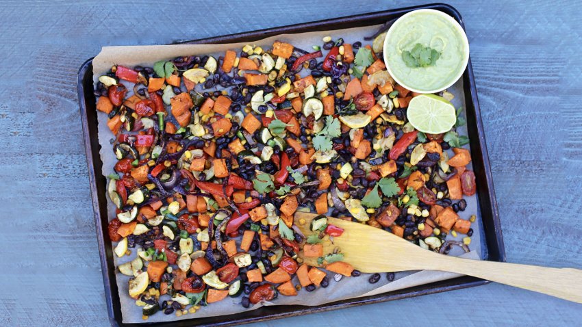 fiesta pan dinner of fresh vegetables with avocado sauce