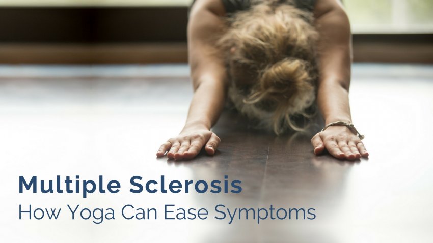 Woman easing MS symptoms with yoga, childs pose, balasana