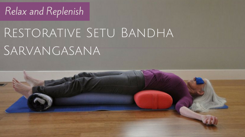 Woman practicing Restorative Setu Bandha Sarvangasana (Bridge Pose) Woman practicing Restorative Setu Bandha Sarvangasana (Bridge Pose)