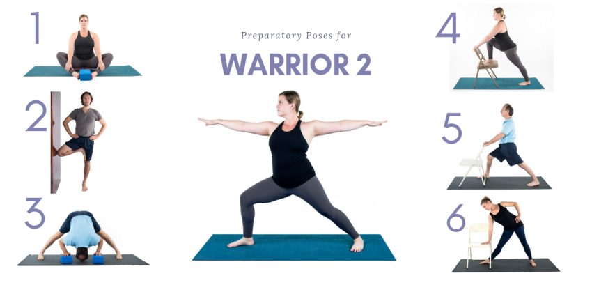 A woman doing Warrior 2 prep yoga poses sequence