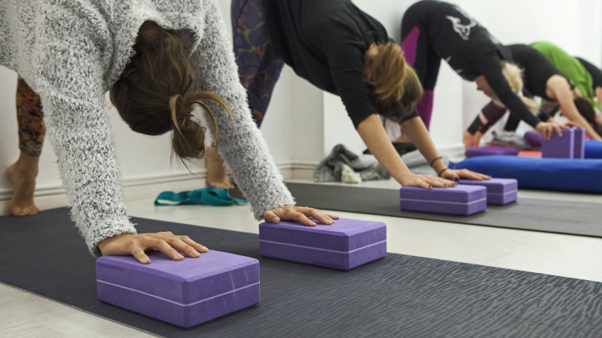 how to practice modifications of downward facing dog pose using yoga props group of yoga students practicing downward facing dog pose with yoga props